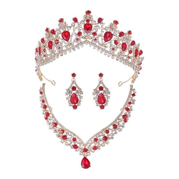NEW Sparkling Bling Crystal Rhinestone Tiara Necklace Set: Ruby Red + FR… - Picture 2 of 16